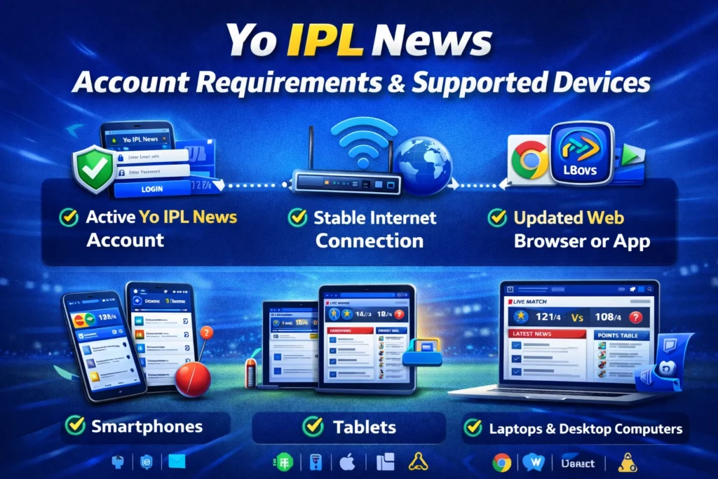 “Yo IPL News account requirements and supported devices including mobile, tablet, desktop, internet, and browser.”