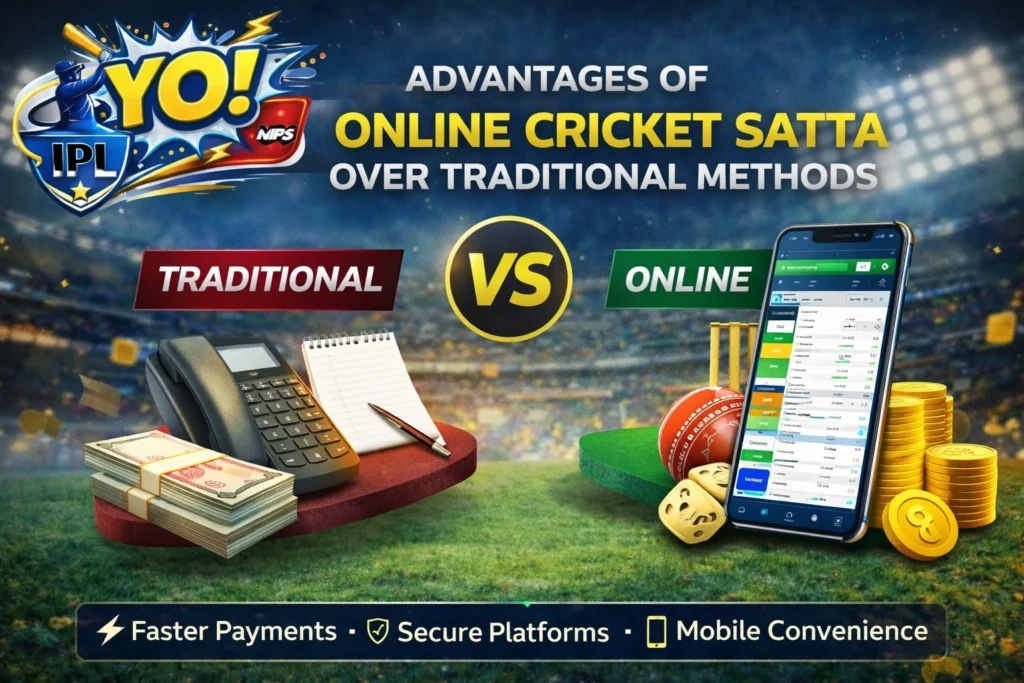 Advantages of online cricket satta banner with YO News IPL logo, mobile betting app, cricket stadium background and digital match interface