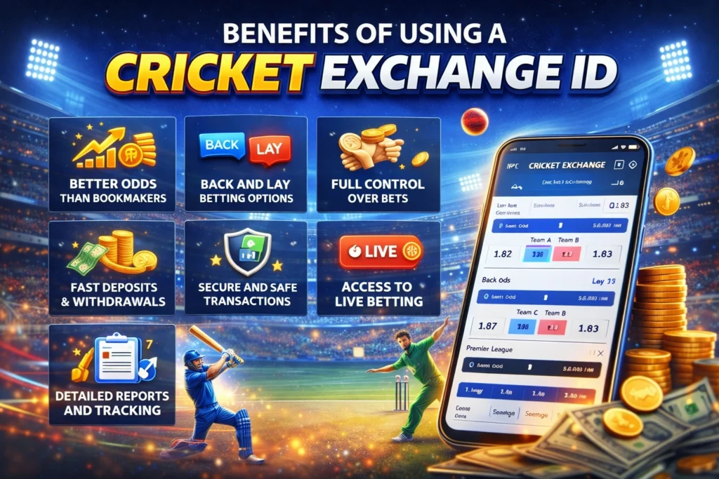 Cricket Exchange ID benefits banner showing live cricket betting exchange, better odds, secure payments and mobile app