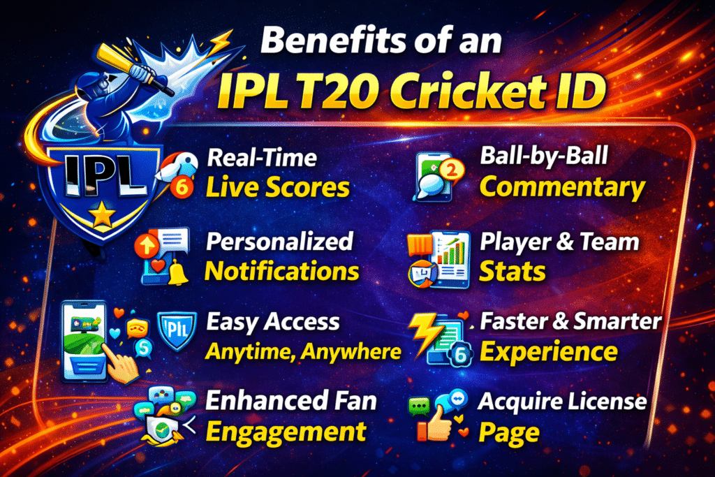 Benefits of IPL T20 Cricket ID banner showing live scores, ball-by-ball commentary, notifications, stats, and online cricket access