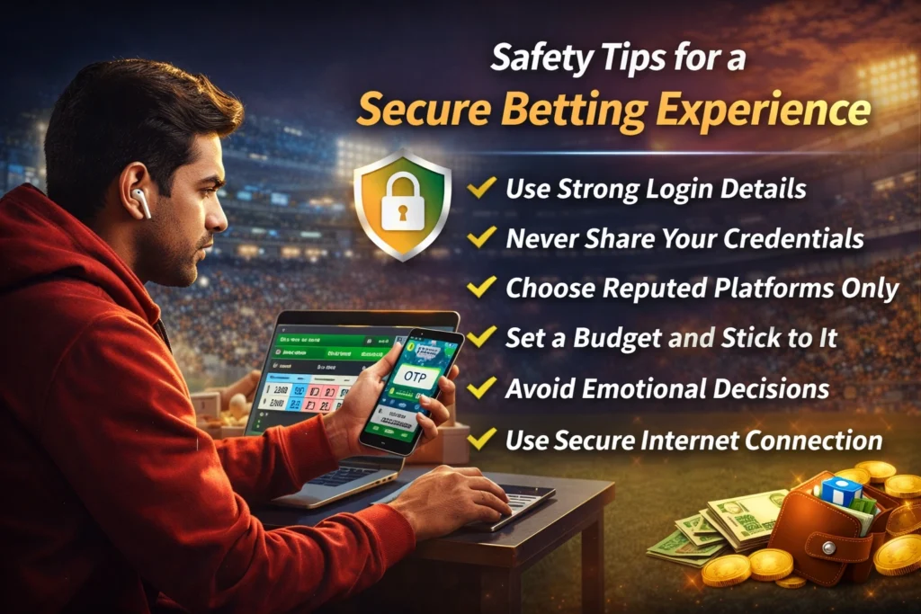 Cricket ID safety tips banner showing secure online betting practices and account protection guide