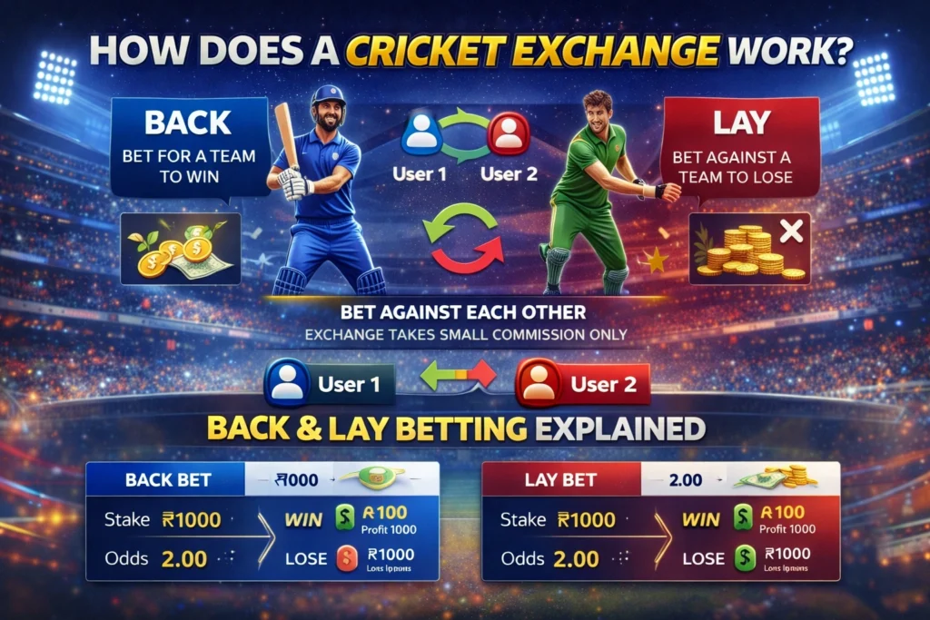 How cricket exchange works with back and lay betting explained using live cricket betting example
