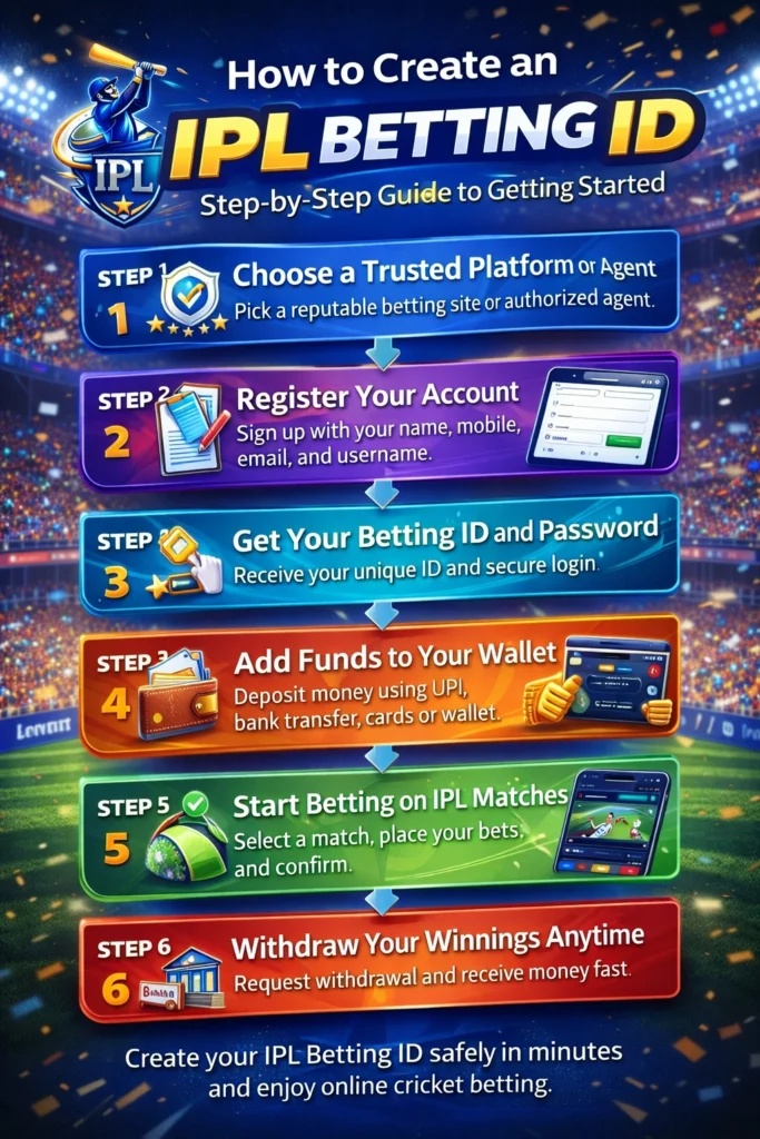 How to create IPL Betting ID step by step guide banner showing registration, wallet deposit and online cricket betting process