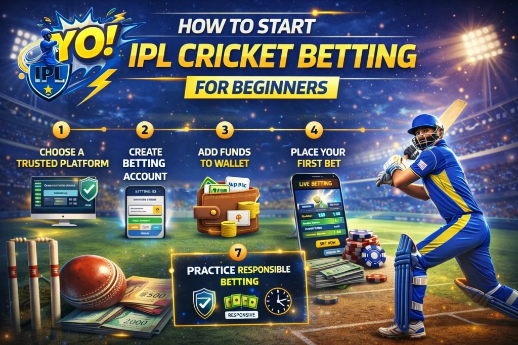 How to start IPL cricket betting for beginners step by step guide banner showing betting account creation, wallet deposit and live cricket betting app