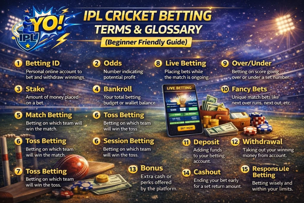 IPL cricket betting terms and glossary infographic banner explaining betting ID, odds, stake, bankroll and live betting for beginners