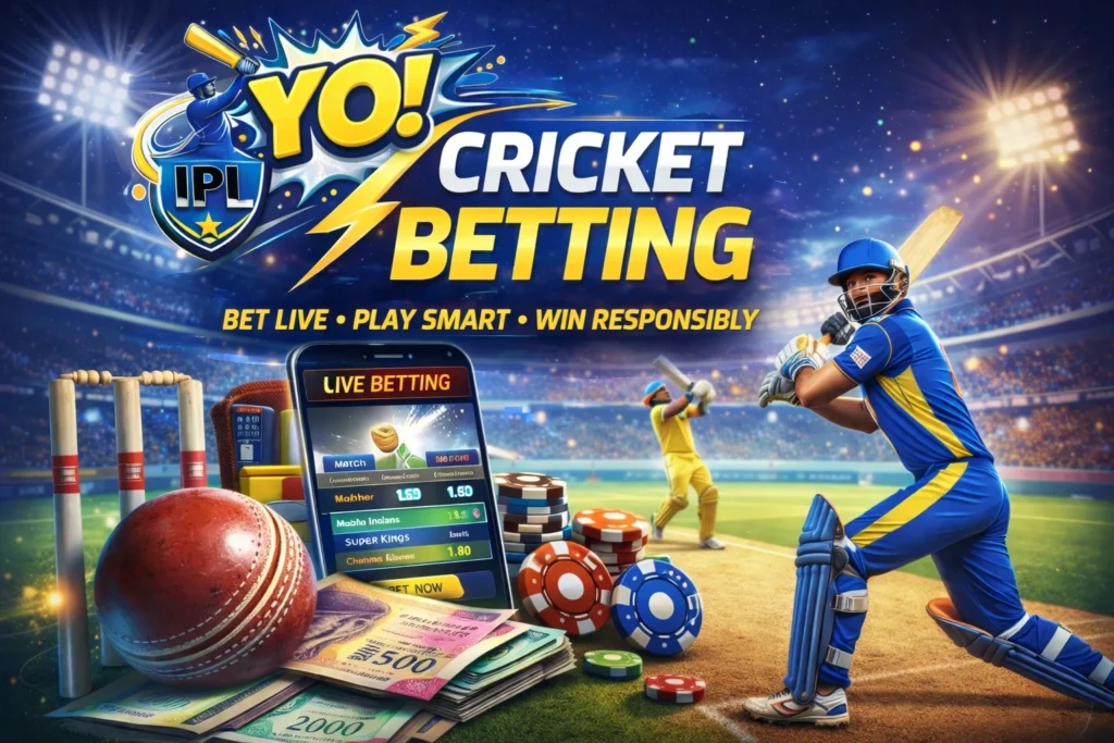 IPL cricket betting banner showing stadium, cricket player, live betting mobile app, chips and online IPL betting concept