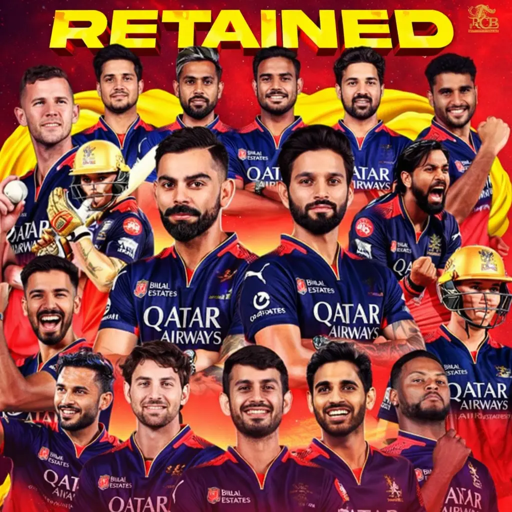 RCB retained players 2026 poster featuring Virat Kohli, Glenn Maxwell and core Royal Challengers Bangalore squad ahead of IPL 2026.