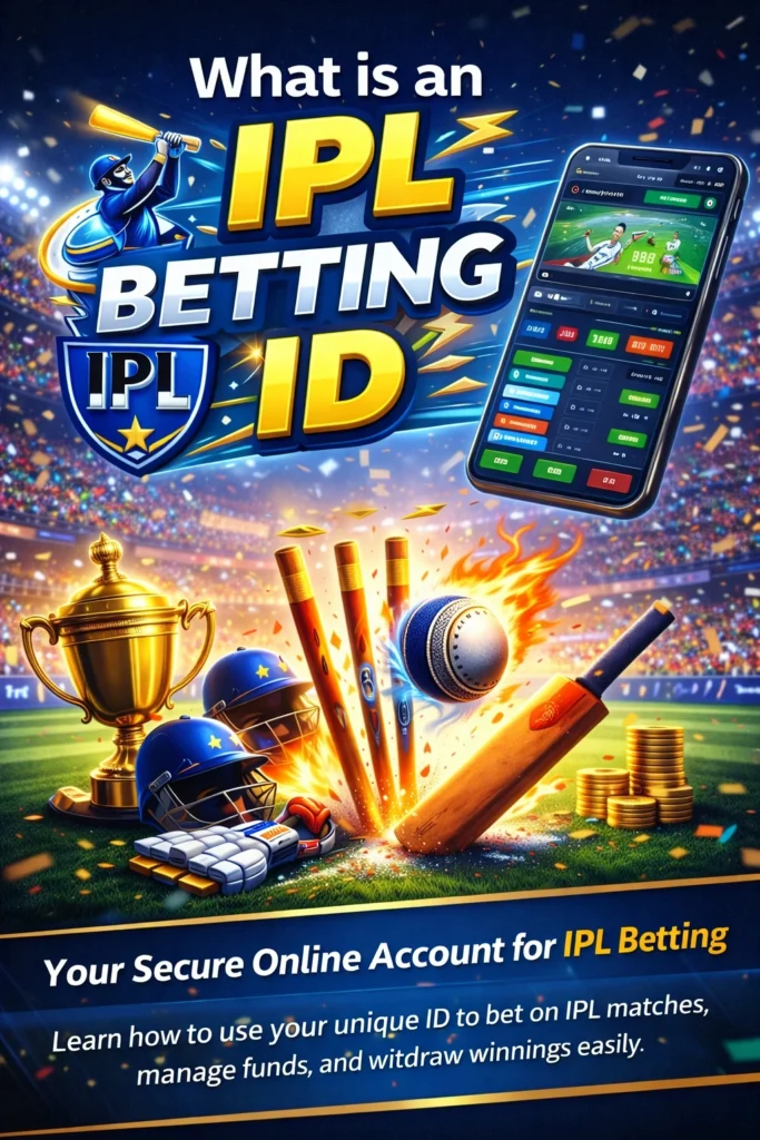 What is IPL Betting ID banner showing cricket stadium, trophy, bat, ball and mobile betting app for online IPL cricket betting account