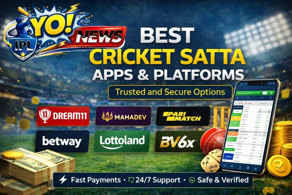 Best cricket satta apps banner with YO News IPL logo, mobile betting app screen, cricket stadium background and sports prediction interface