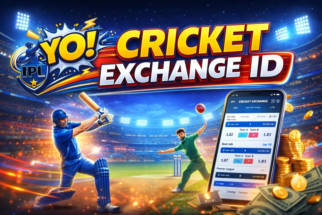 Cricket Exchange ID online betting banner with cricket stadium, live match and mobile betting app