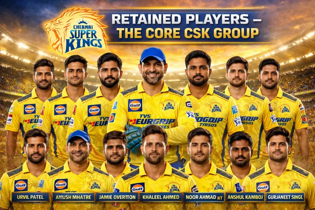 Retained players of Chennai Super Kings 2026 squad featuring core CSK group in yellow jersey