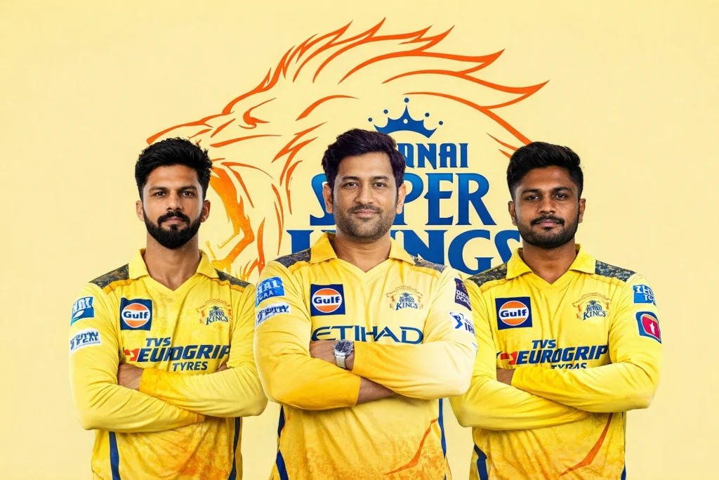 Chennai Super Kings 2026 squad image featuring MS Dhoni, Ruturaj Gaikwad and Sanju Samson in yellow jersey