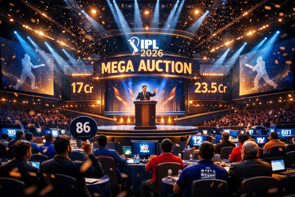 IPL 2026 Mega Auction stage with bidding paddles and auctioneer announcing high player prices