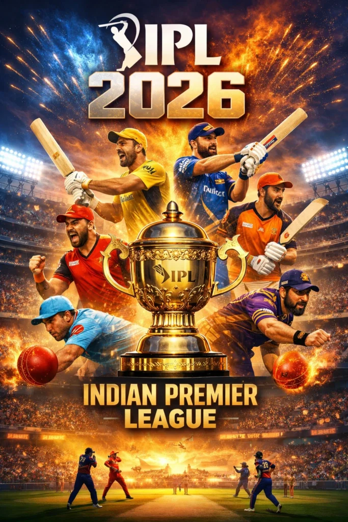 IPL 2026 digital poster showing cricket players in action surrounding the Indian Premier League trophy with stadium lights and fireworks.
