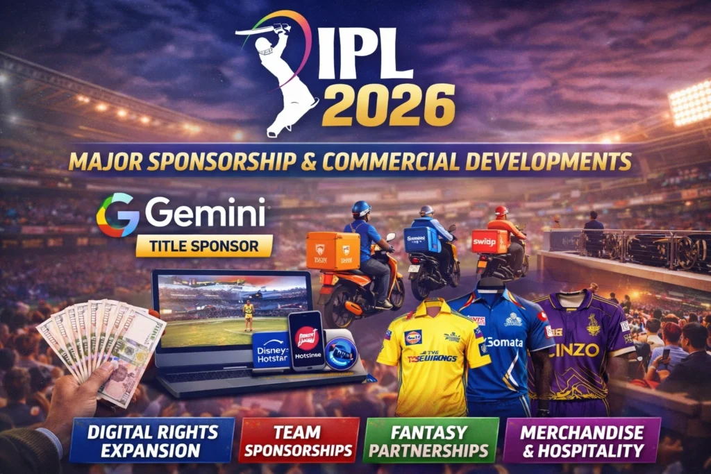 IPL 2026 sponsorship and commercial updates showing title sponsor Gemini, digital rights platforms, team jerseys, and merchandise with stadium background.