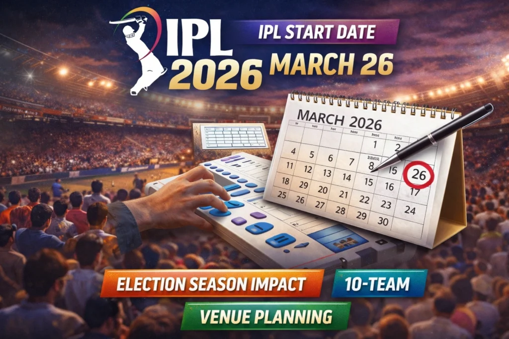 IPL 2026 start date showing March 26 on calendar with venue planning and election impact graphics in stadium background.