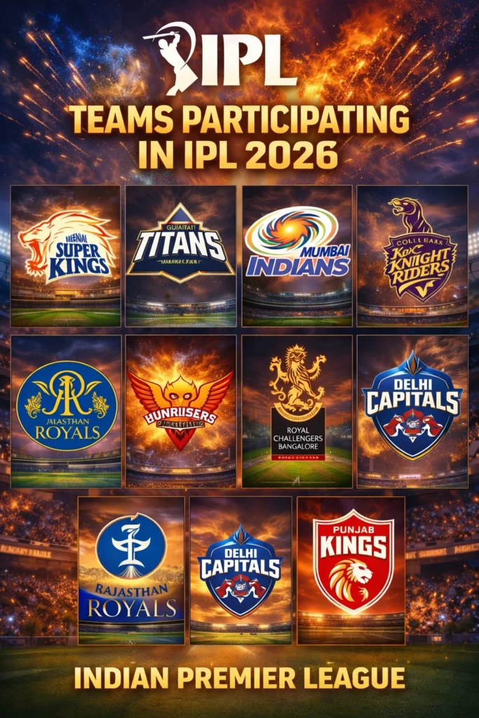 Graphic displaying the teams participating in IPL 2026 with cricket team logos arranged in a stadium backdrop under the header “Teams Participating in IPL 2026”.