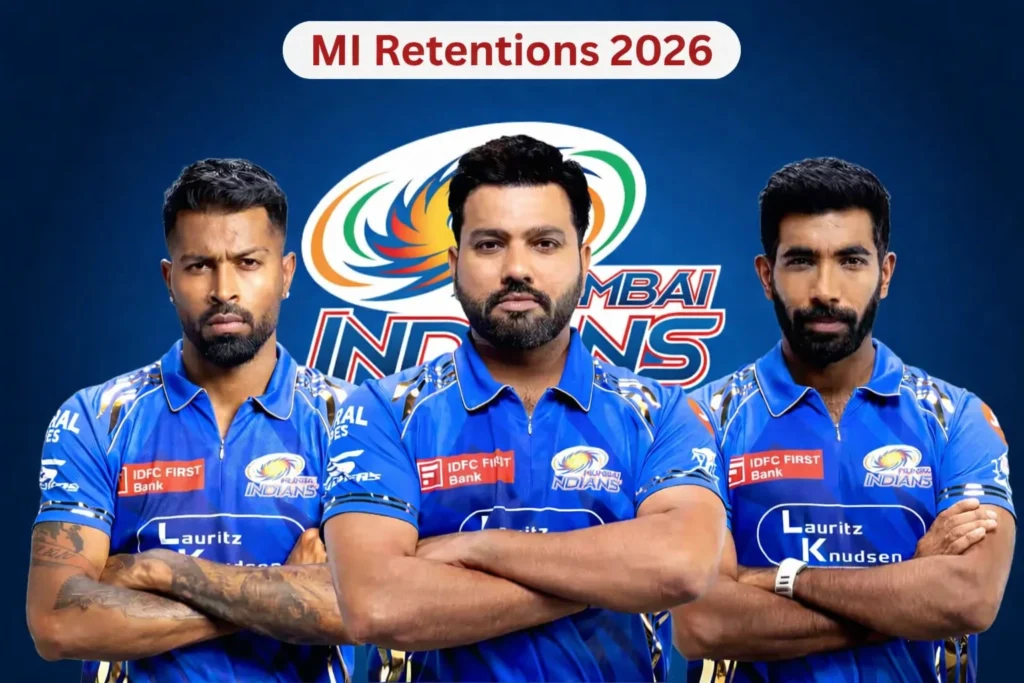 Mumbai Indians 2026 retention players Rohit Sharma, Hardik Pandya, and Jasprit Bumrah posing in MI jersey