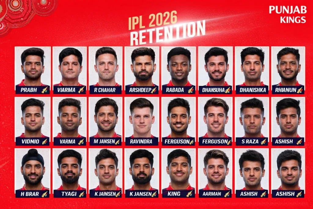 PBKS IPL 2026 retention squad image showing Punjab Kings retained players in red jersey ahead of IPL 2026